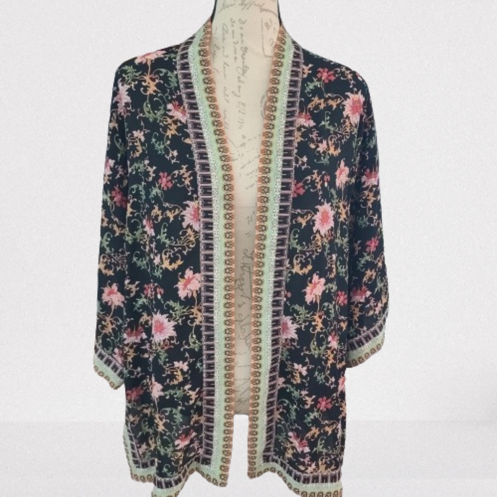 Max Studio Floral Short Kimono Cover Up Black Green Boho Asian Wmn's Med